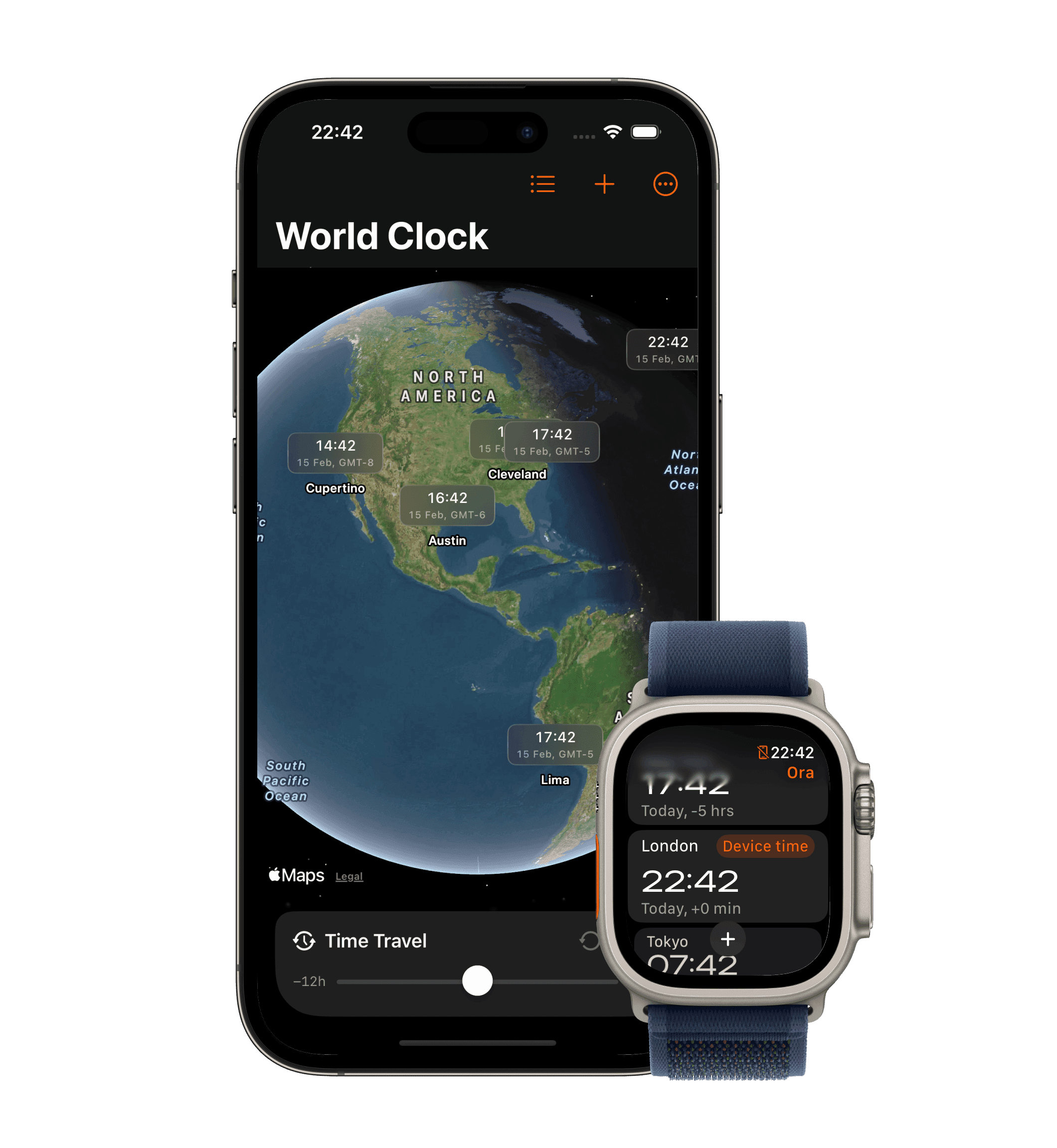 Ora running on an iPhone and an Apple Watch Ultra. The iPhone app features a World Clock view, showing times around the world on a globe.