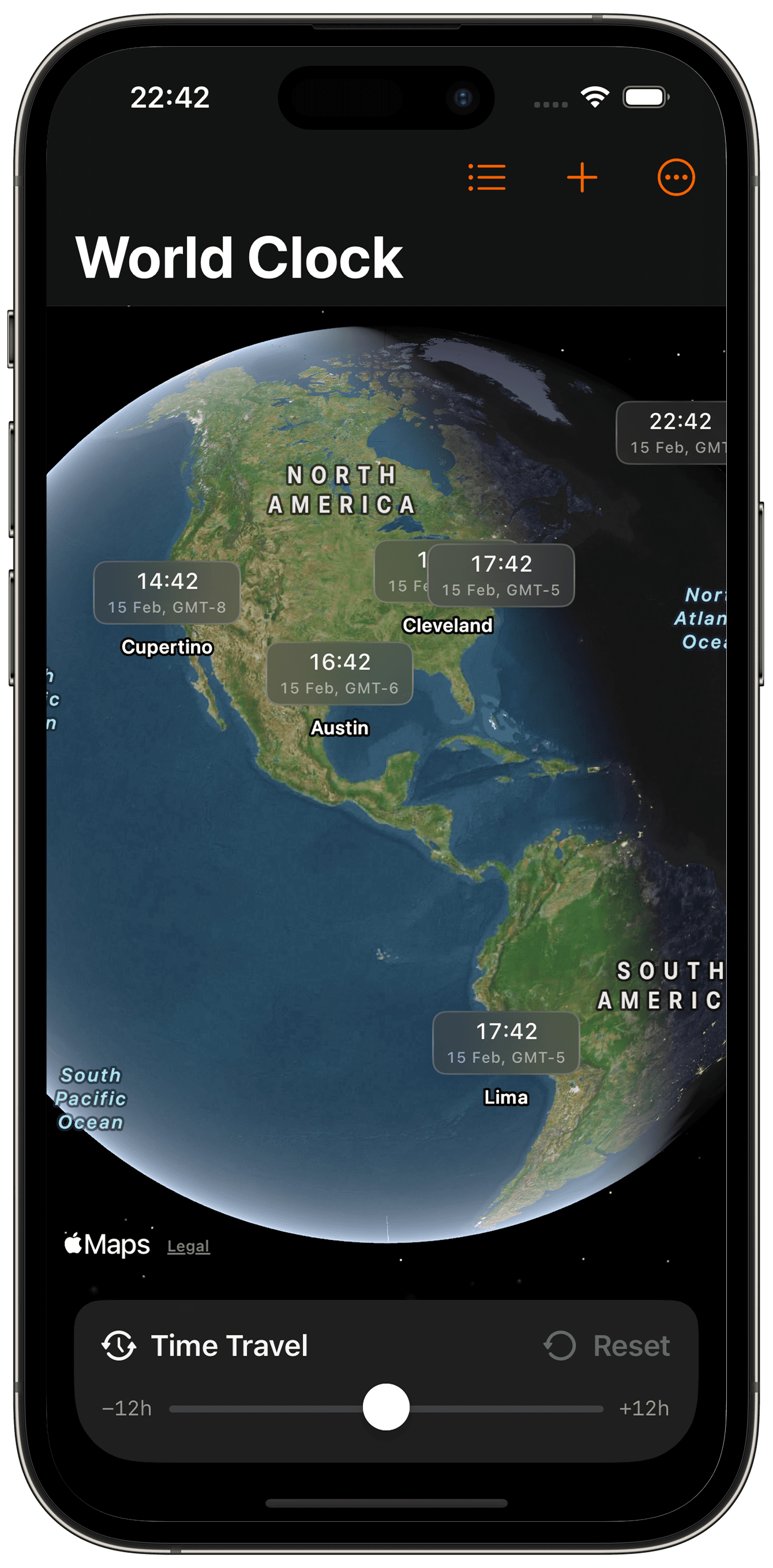 The Ora app, showing an interactive globe with different time zones highlighted