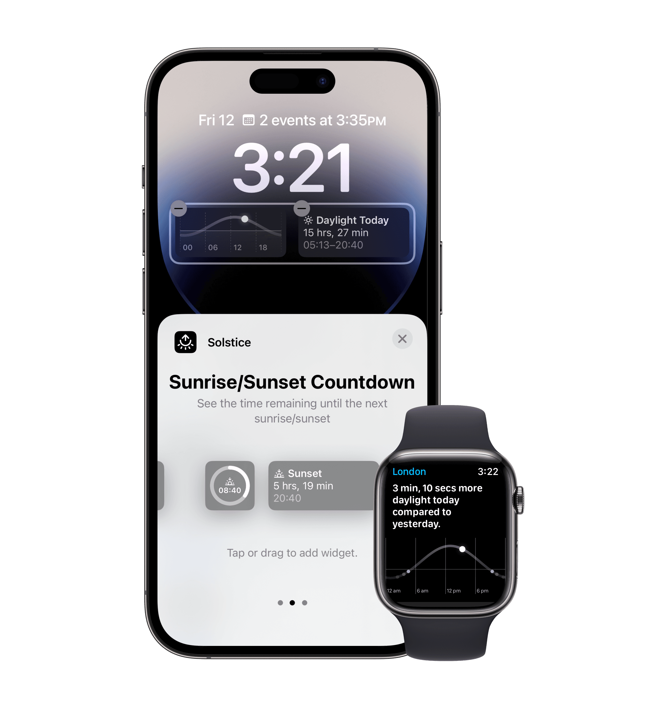 An iPhone and Apple Watch running the Solstice app, showing daylight information for London, England.