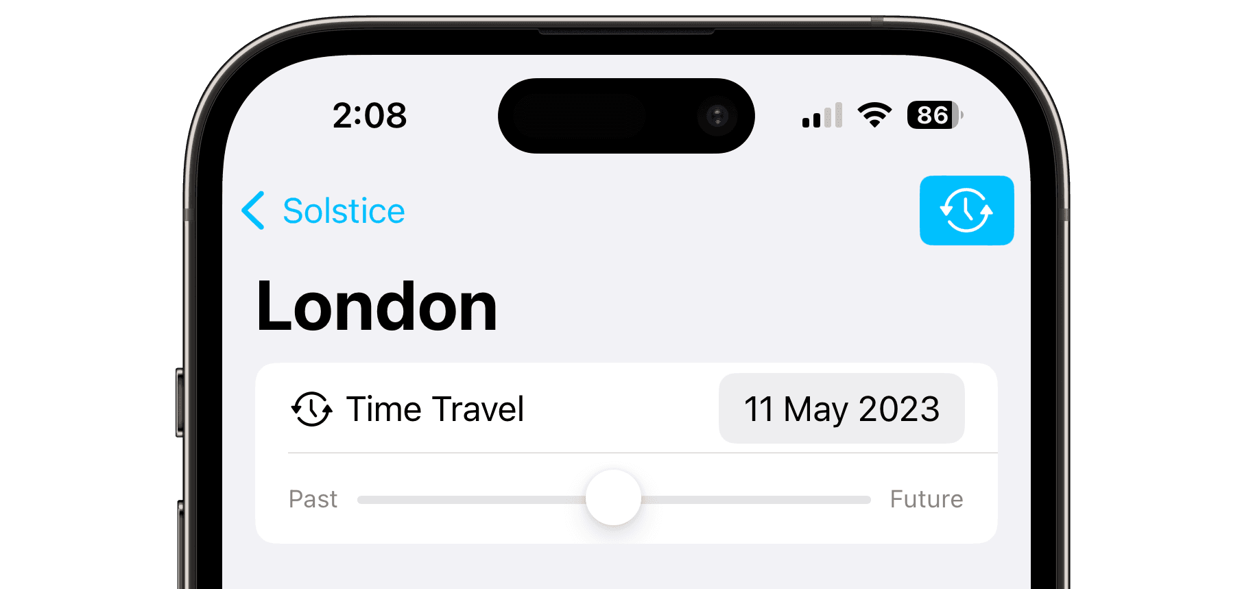 A zoomed in screenshot of Solstice's time travel feature, showing a date picker and a slider with “Past” and “Future” as the start and end labels.