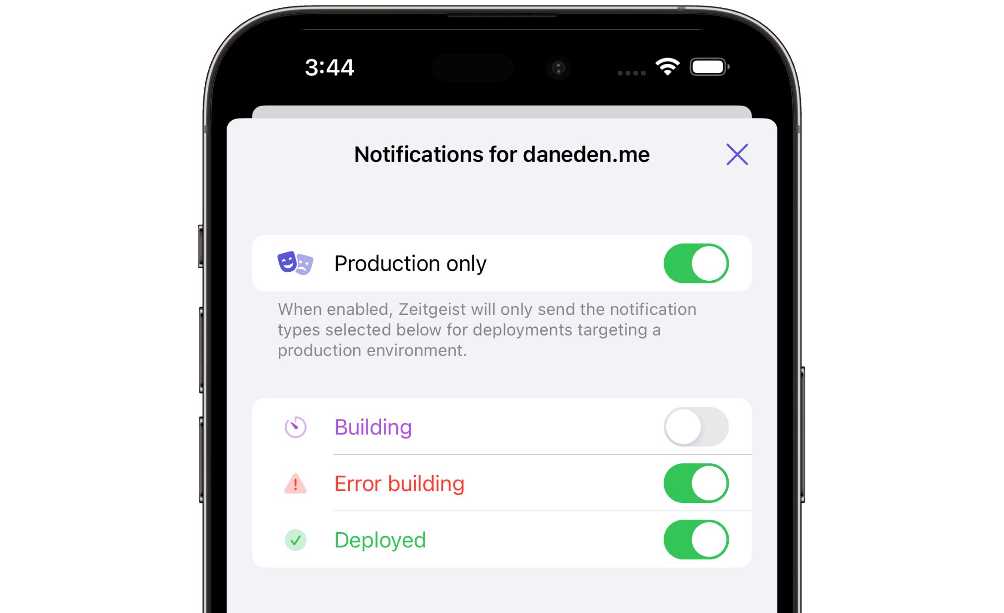 Notification settings for a project named daneden.me. “Production only”, “Error building”, and “Deployed” are toggled on.