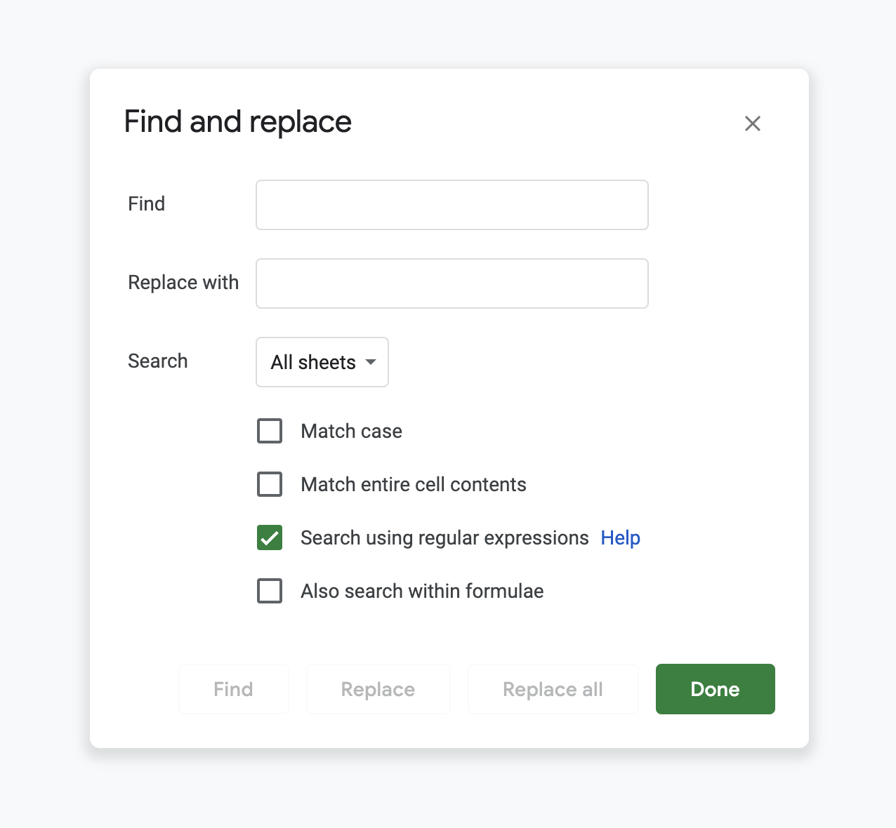 The “Find and Replace” dialog in Google Sheets, with the “Search using regular expressions” option turned on