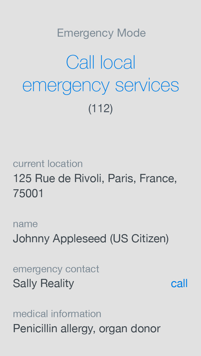Mockup showing emergency mode’s details, like the phone’s current location and health information about the phone’s owner