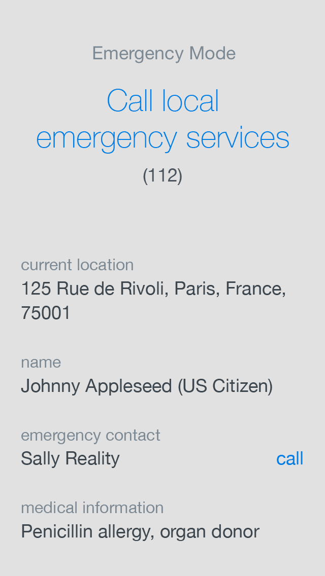 Mockup showing emergency mode’s details, like the phone’s current location and health information about the phone’s owner