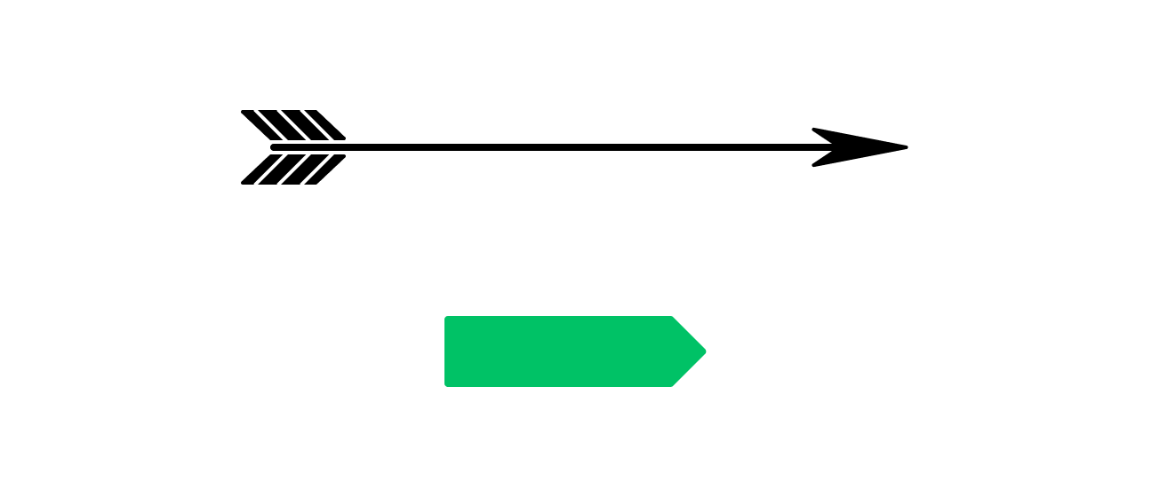 A diagram comparing an ornate illustration of an arrow with a block color, simple arrow shape