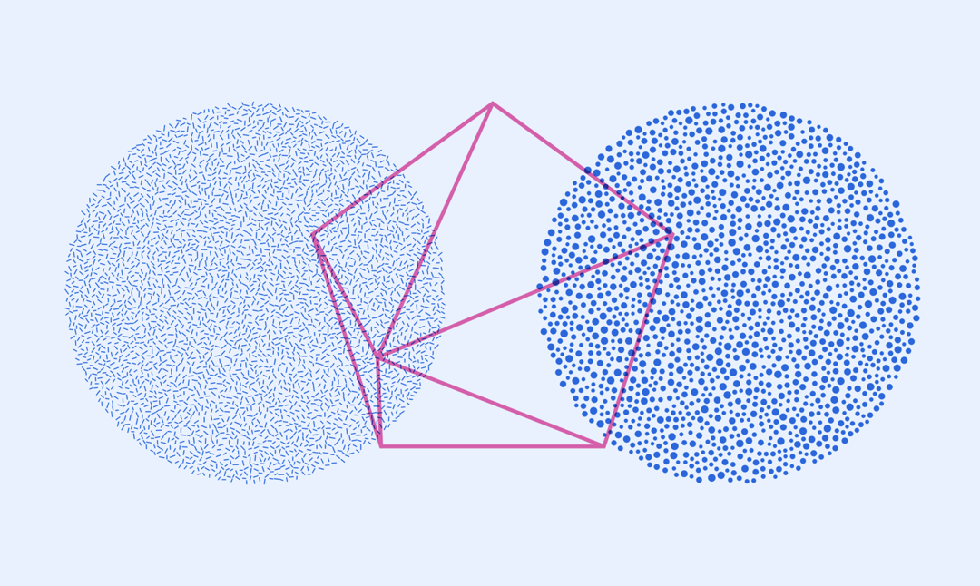 A generative art piece with three shapes randomly generated by a computer. On the left is a circular shape, filled with dashed lines. On the right is another circular shape, filled with smaller circles. In the middle is a hexagonal shape, with intersecting lines.