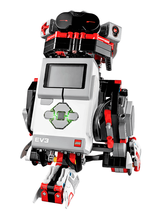 A Lego Mindstorms computer module with Lego pieces attached to it, forming a robot.