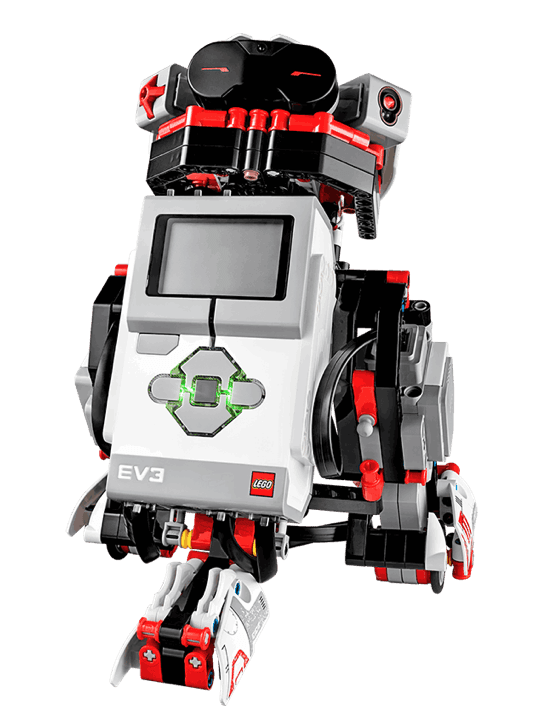 A Lego Mindstorms computer module with Lego pieces attached to it, forming a robot.