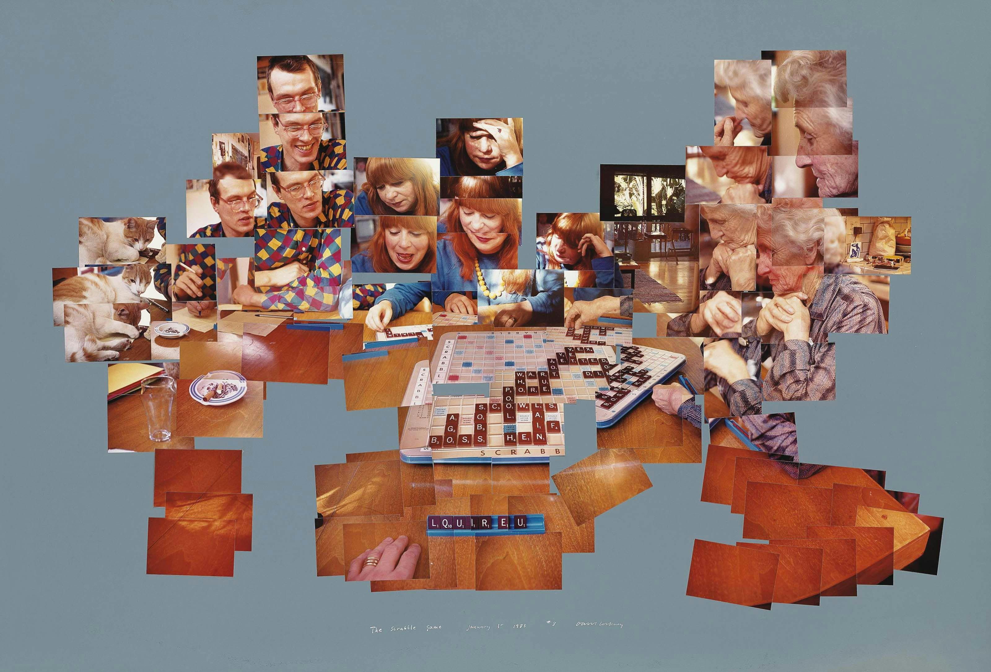 Dozens of individual photographs are stitched together in a collage. Together, the photographs depict the scene of a game of Scrabble. There's a white-and-orange cat on the left of the scene. A man with glasses is seen smiling and looking at the game. In the middle is a red-haired woman, looking happily and pensively at her Scrabble tiles. On the right is an elderly woman, her hands held beneath her chin, looking thoughtfully at the game board.