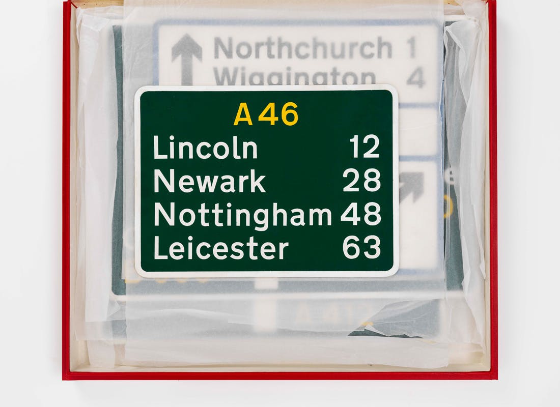 A British road sign for the A46, set in the Transport typeface, with distances to Lincoln, Newark, Nottingham, and Leicester