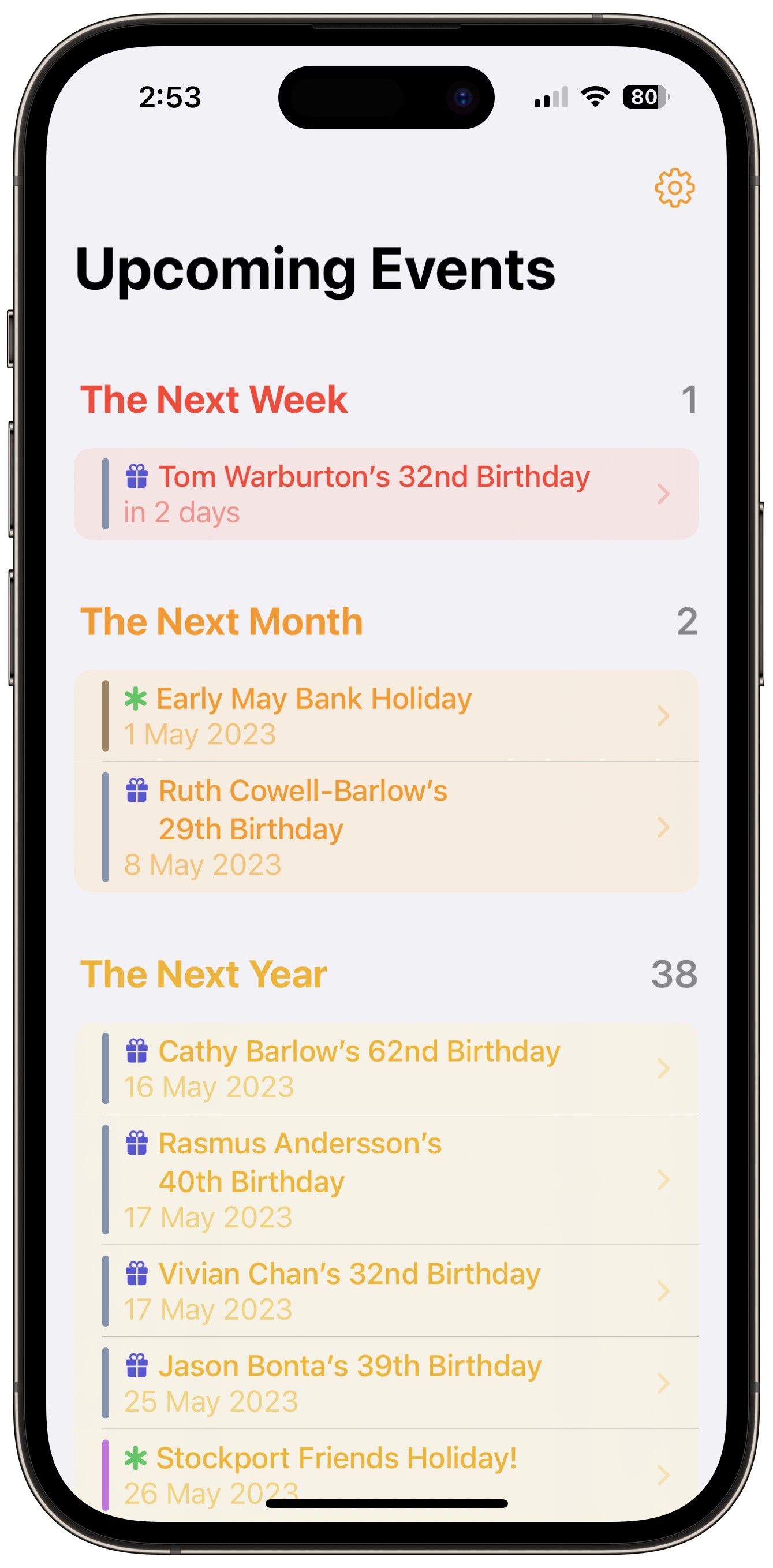 The Eventually app, showing upcoming events in the next week, month, and year