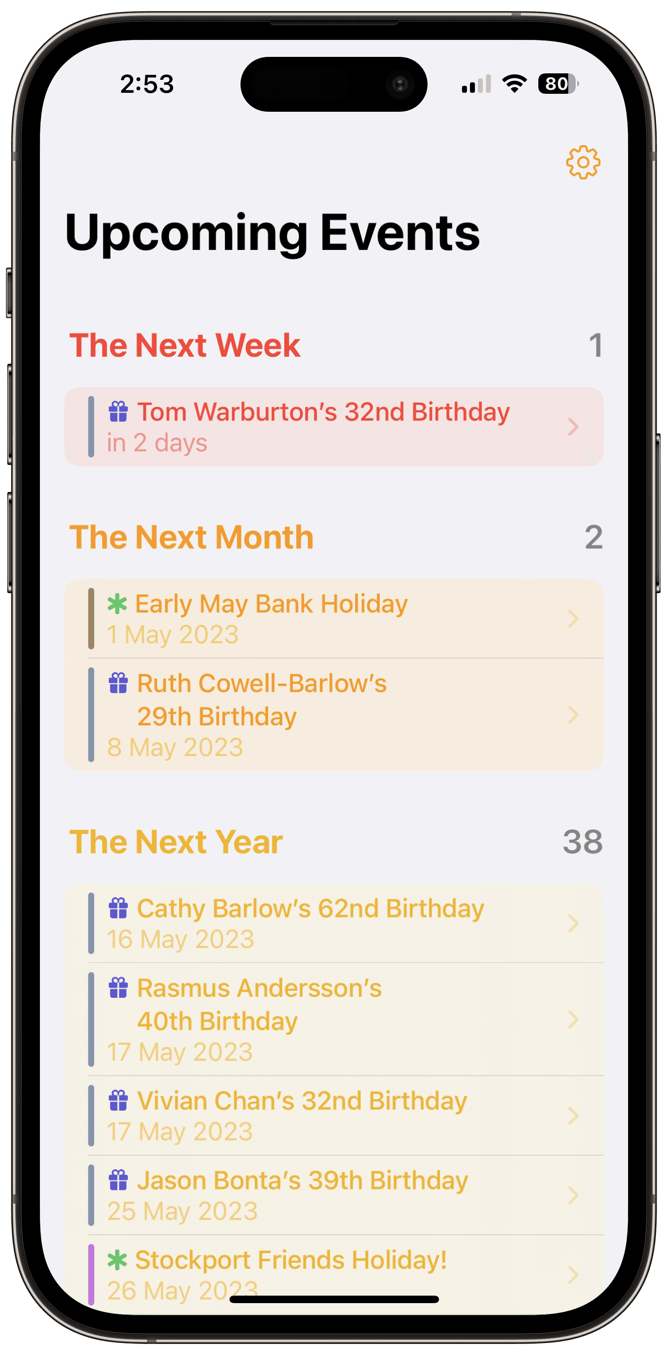 The Eventually app, showing upcoming events in the next week, month, and year