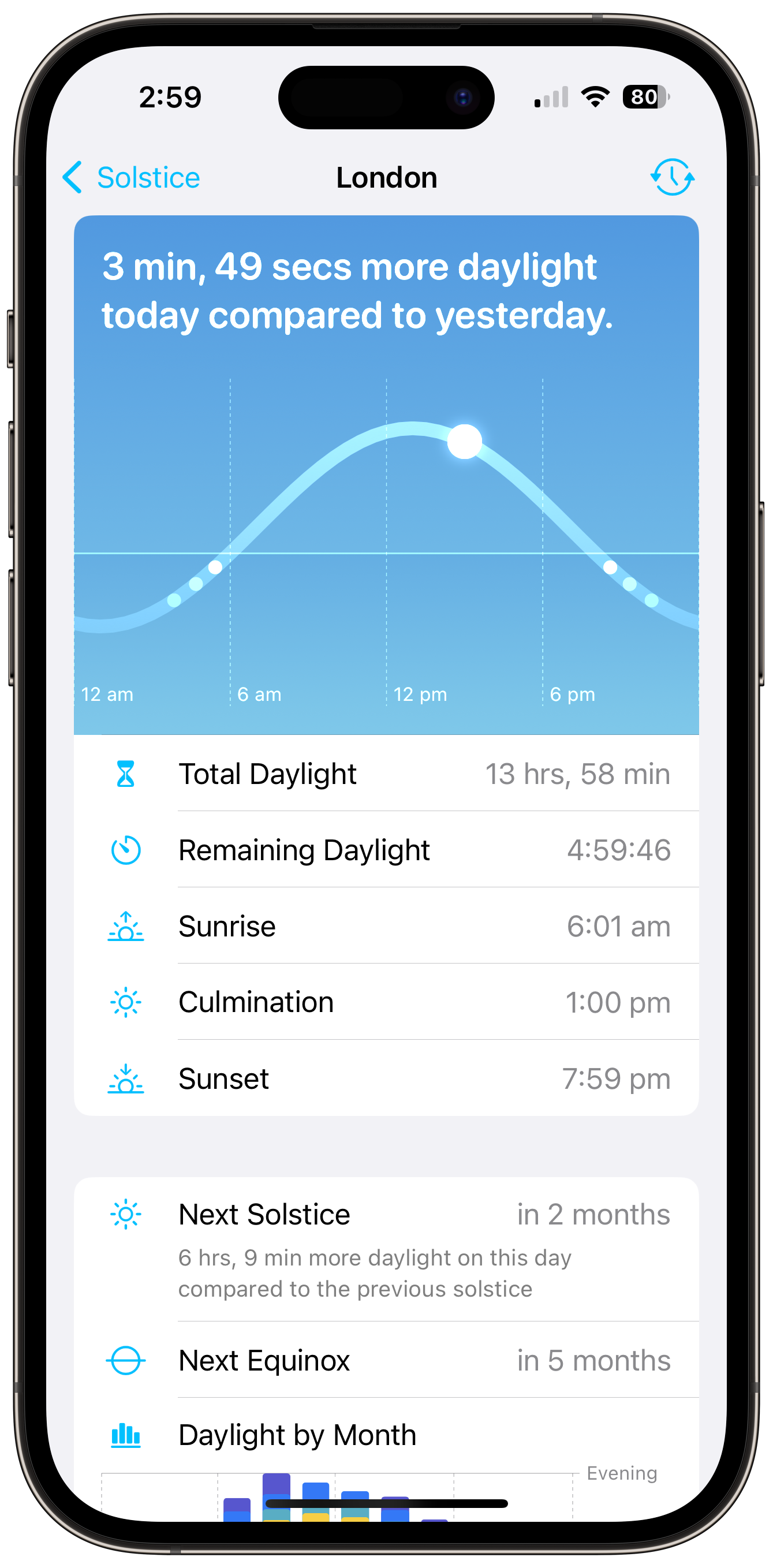 The Solstice app, showing sunrise and sunset information for Hackney, London