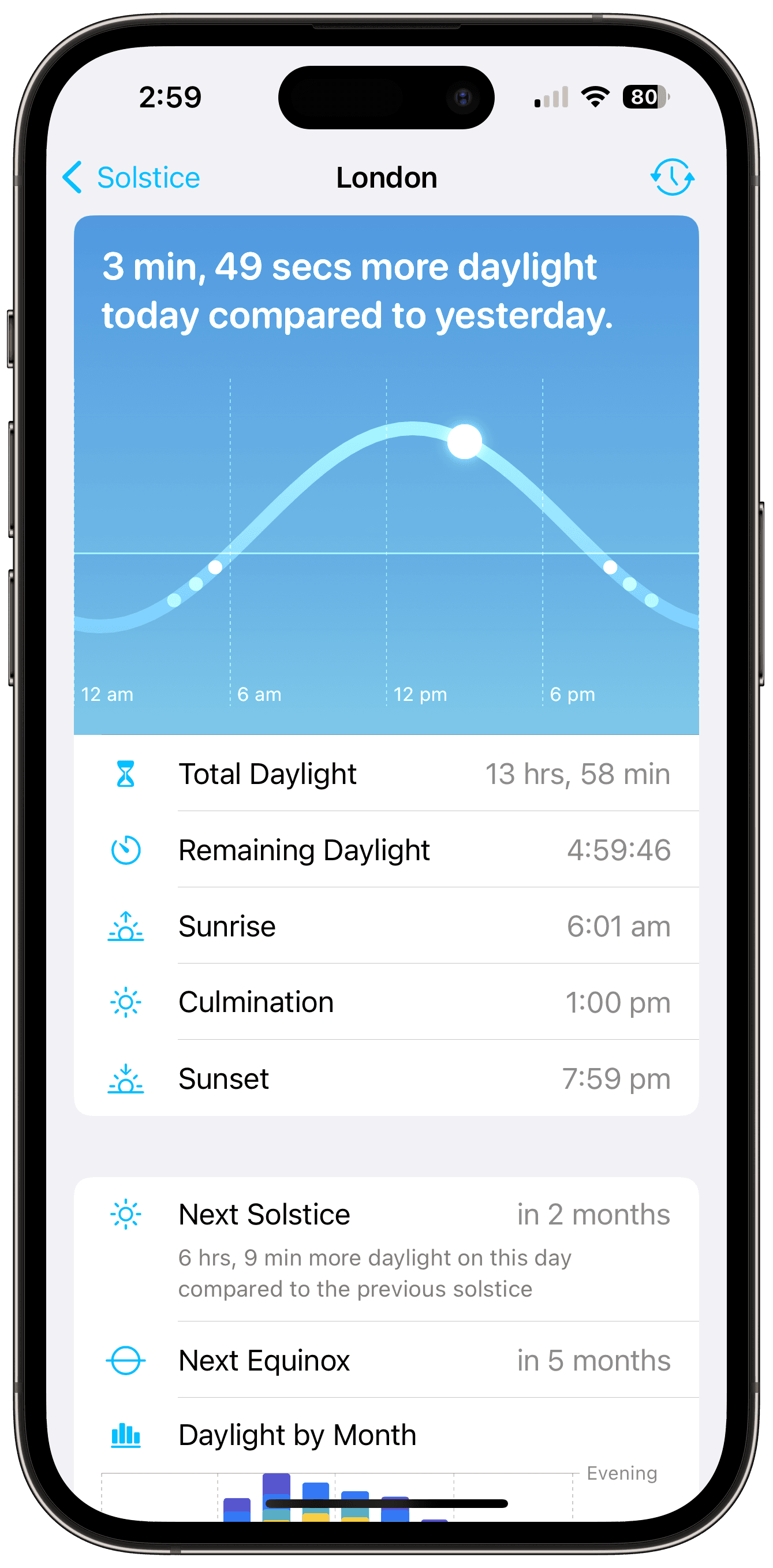 The Solstice app, showing sunrise and sunset information for Hackney, London