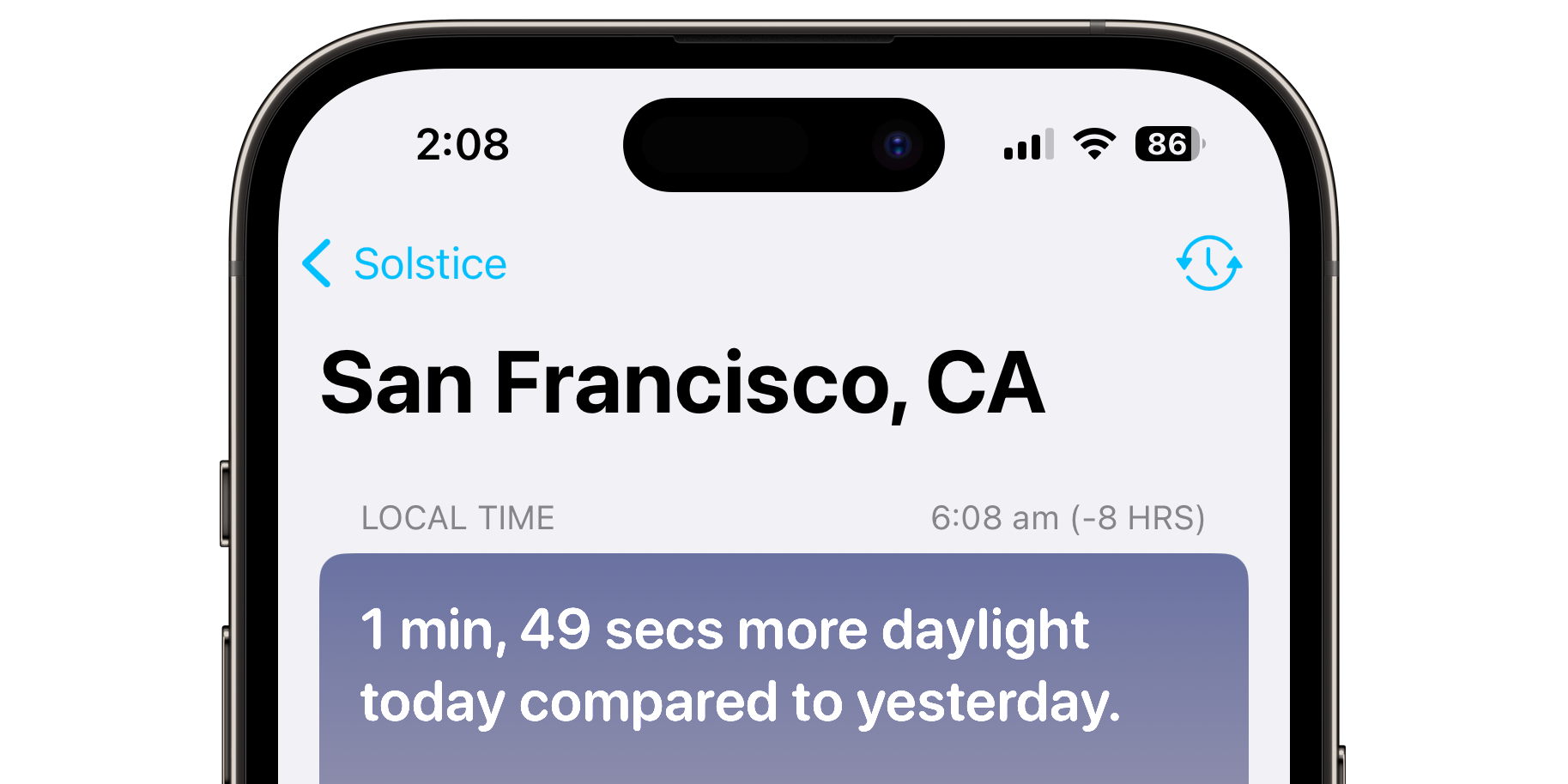 A zoomed in screenshot of Solstice's time zone indicator at the top of its detail view, showing San Francisco's local time, which is 8 hours behind London time.