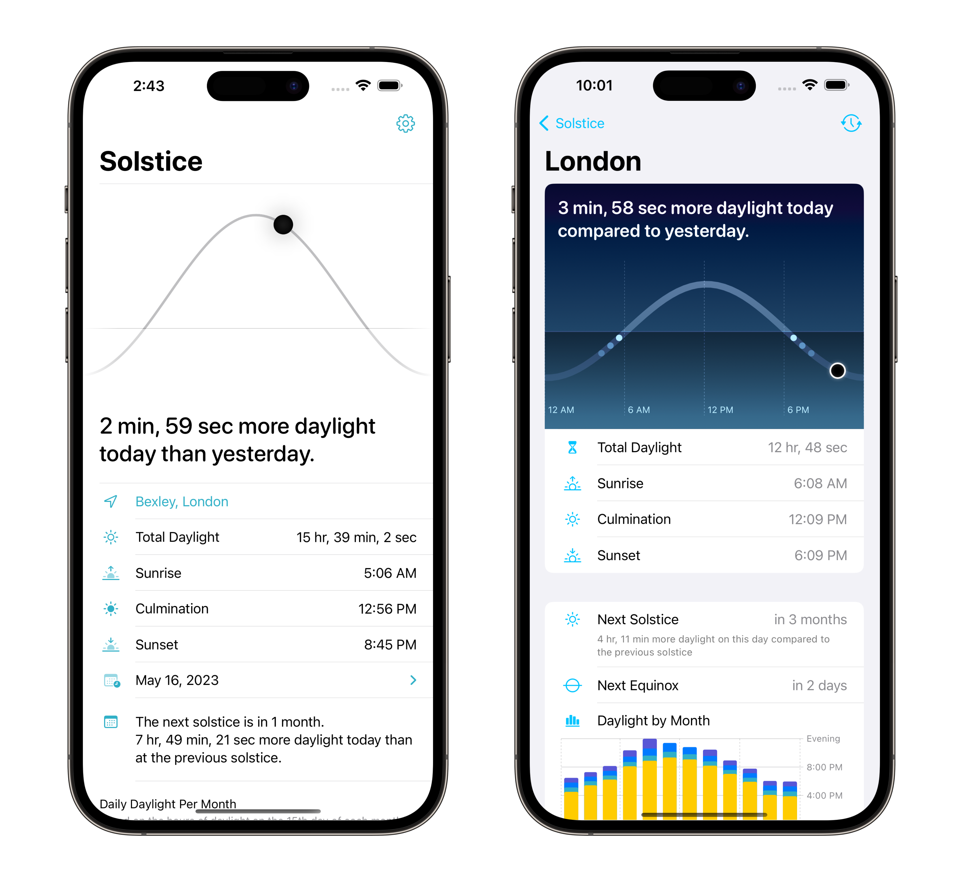 Two iPhones showing Solstice version 1 and version 2 side-by-side. Version 1 features a monochrome black-and-white design with limited use of color to denote interactive controls. Version 2 has a lot more color by comparison, showing a graphical chart that emulates the sky's appearance, and colorful bar charts indicating the daylight length changing over the year.