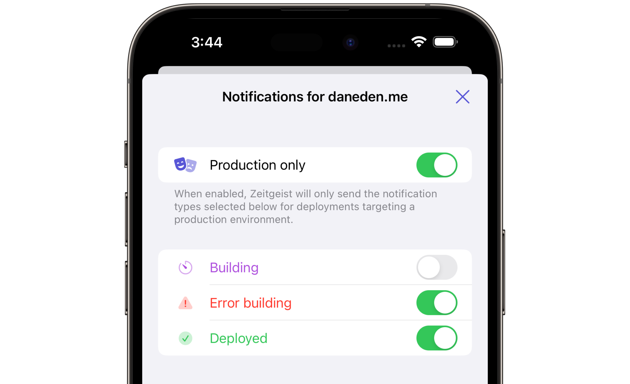 Notification settings for a project named daneden.me. “Production only”, “Error building”, and “Deployed” are toggled on.