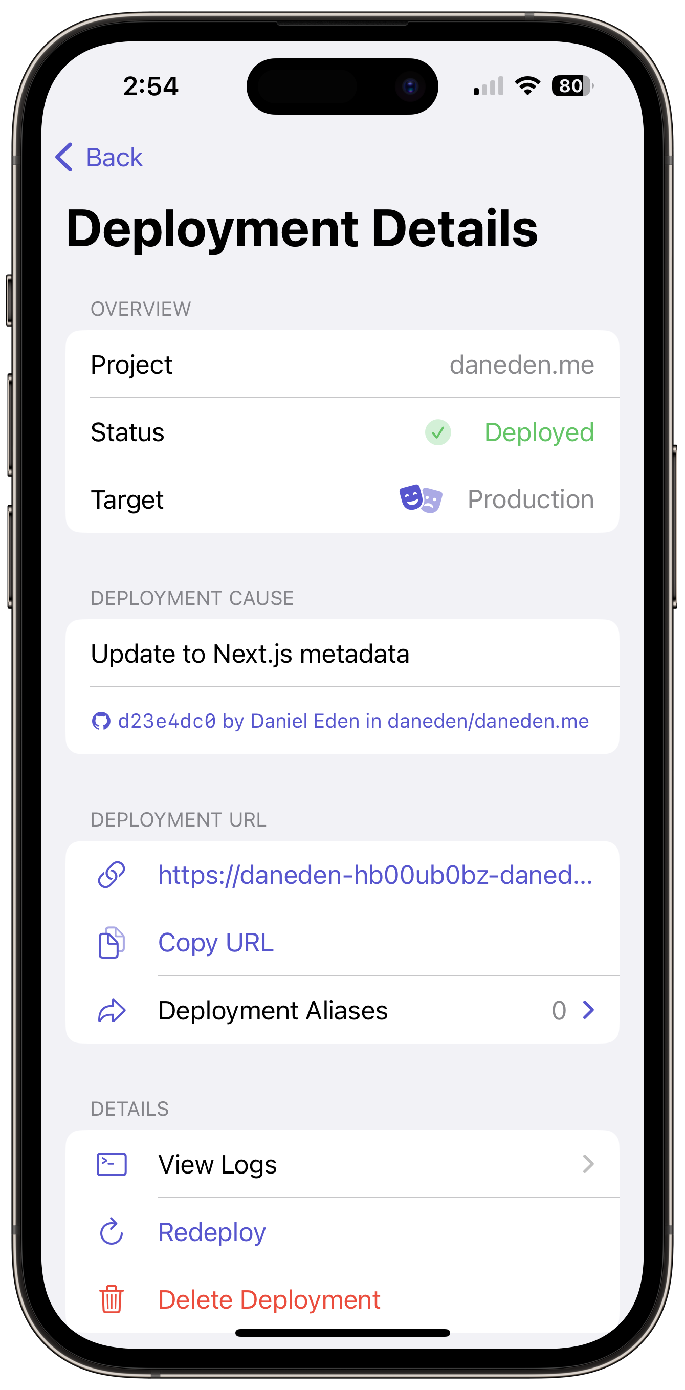The Zeitgeist app, showing deployment details for a successful build