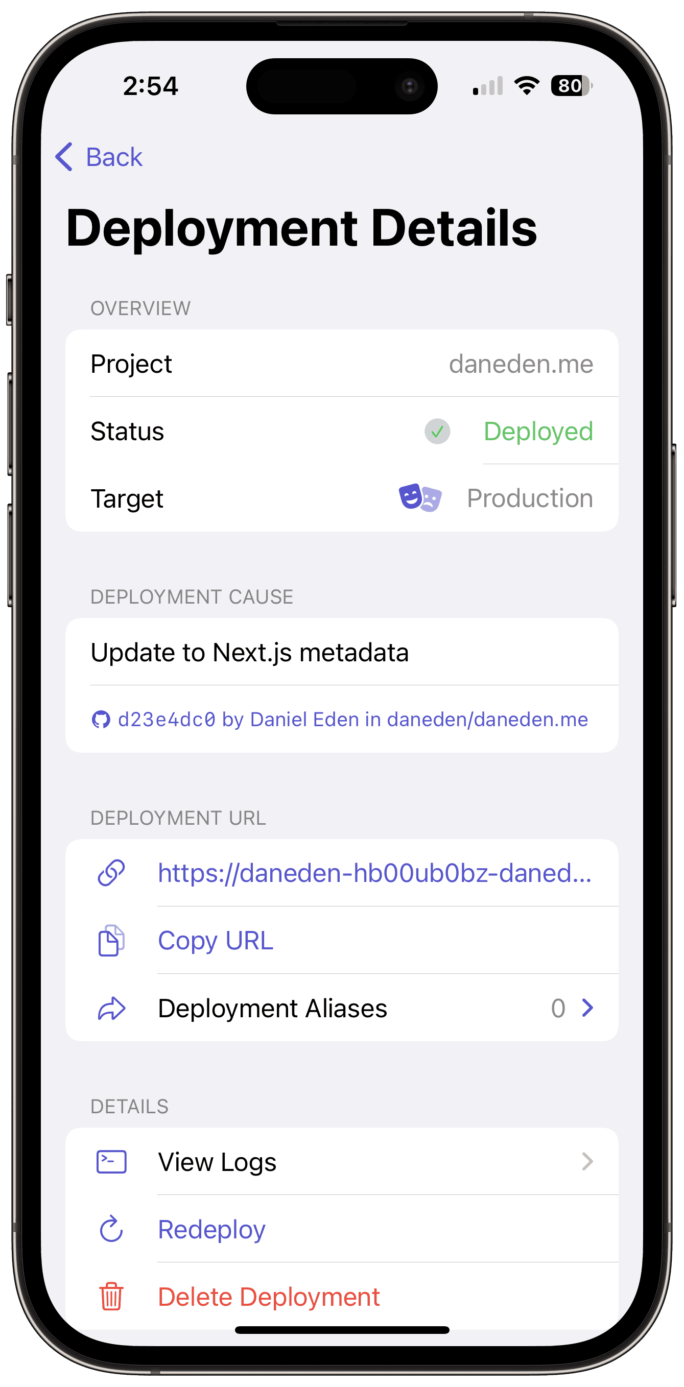 The Zeitgeist app, showing deployment details for a successful build