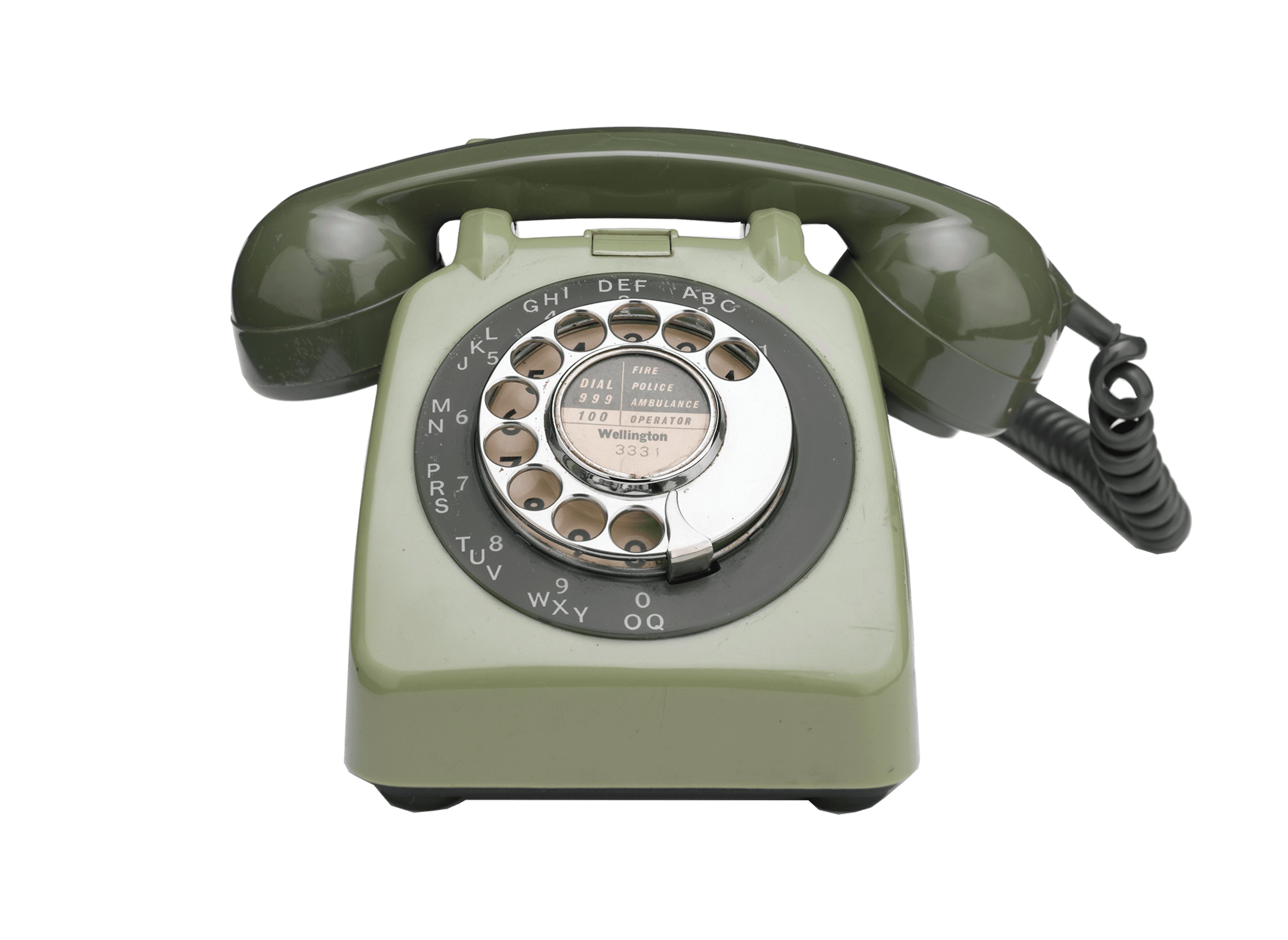 A green rotary telephone