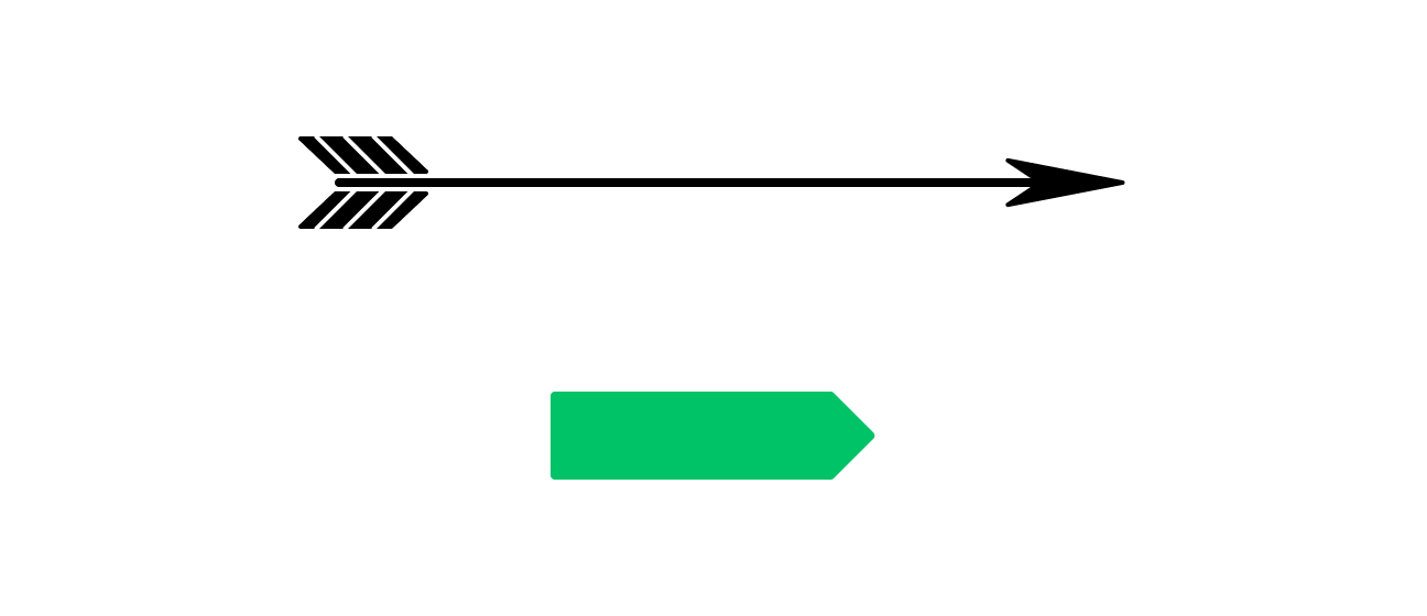A diagram comparing an ornate illustration of an arrow with a block color, simple arrow shape